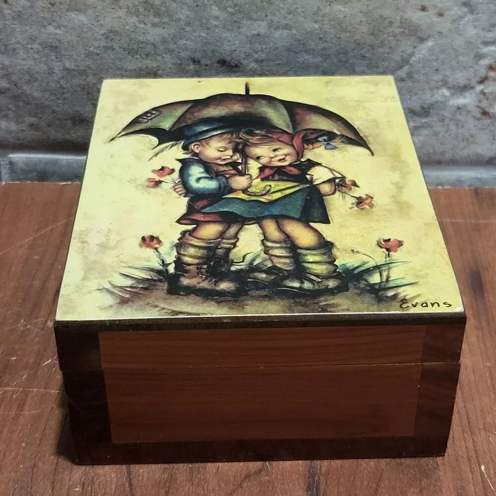 Vintage Hummel Boy and Girl Under Umbrella Wooden Trinket Jewelry Cedar Box Bras